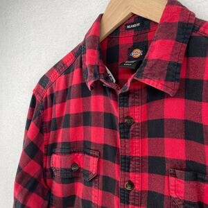 DICKIES Shirt Mens S Flannel Buffalo Check Utility Button Up Relaxed Fit Red